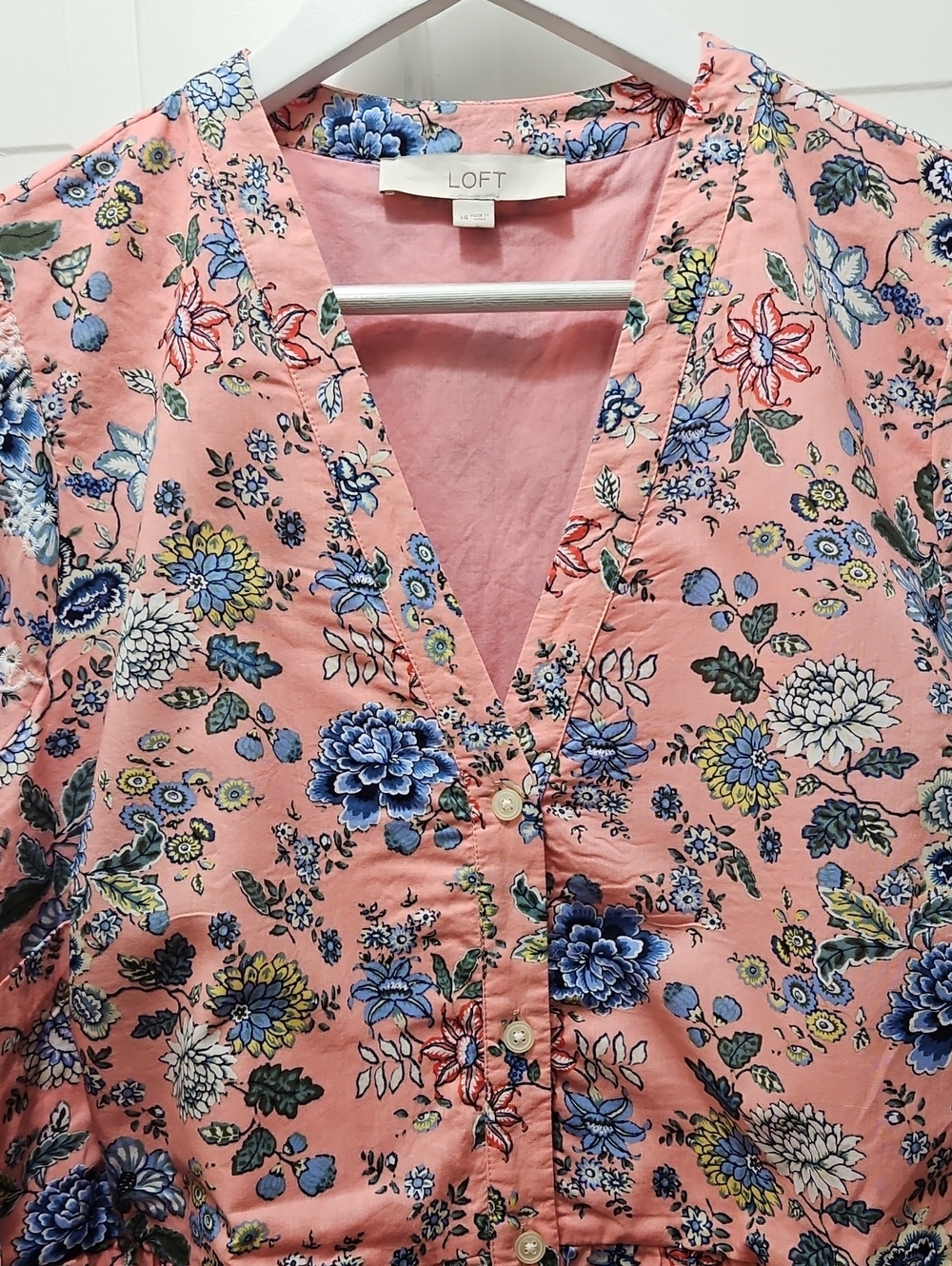 LOFT Pink Floral 3/4 Sleeve Tiered Dress Size 14 Embroidery - Picture 7 of 9